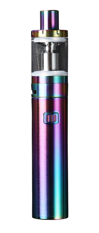 Close-up of a metallic, multi-colored vape pen with a transparent chamber and multiple buttons, available at your local vape store.