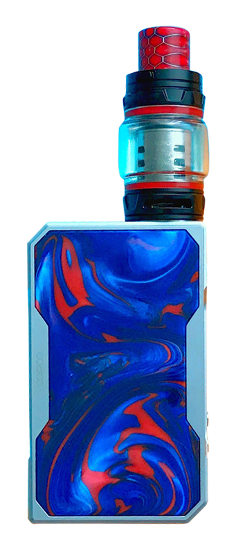 A blue and red vape mod with a patterned design and a cylindrical tank attachment on top, available at your local vape store in Athens, GA.