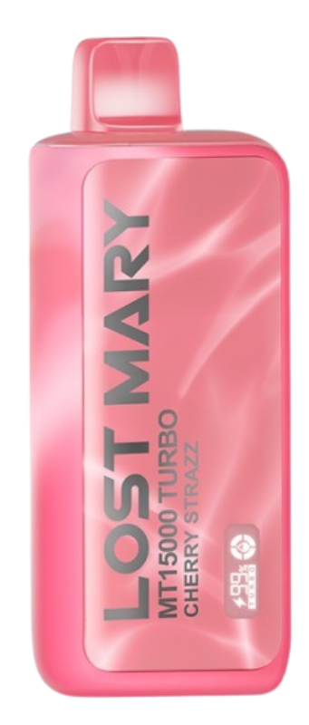 A pink and red electronic vaping device labeled "Lost Mary MT15000 Turbo Cherry Strazz" with a 5% nicotine sign, available at your local vape store in Athens, GA.