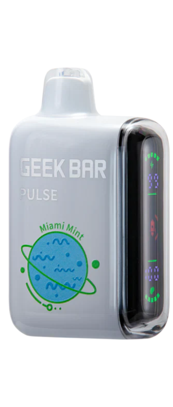 Discover the Geek Bar Pulse vape device in refreshing Miami Mint flavor. This sleek white device, featuring a planet design and transparent side panel displaying battery indicators, is available at affordable prices. Shop now at Vape World GA or visit your local Athens GA vape store for more details.