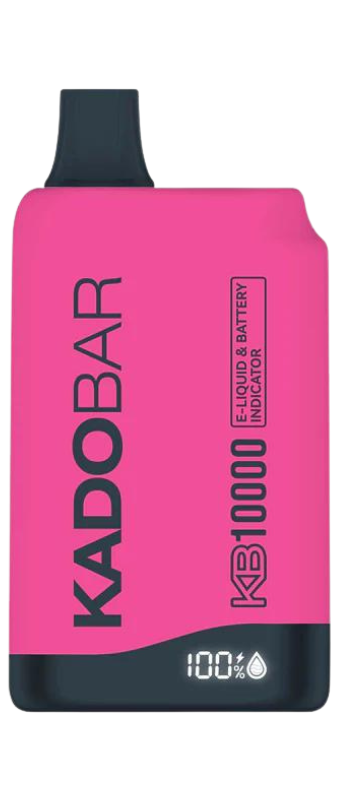 A pink disposable vape device labeled "KADO BAR" with an e-liquid and battery indicator. The device is marked "KB 10000" with a bottom display showing "100%." Available at your local vape store, it's a genuine vape device worth trying.