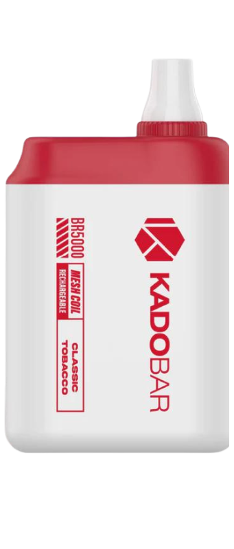 A white and red container labeled "KADOBAR" with the word "Tobacco" written on it. The container, found at your local vape store, has a nozzle on the top.