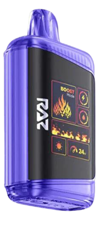 A small, purple, rectangular electronic device with a screen displaying "Boost Mode" and graphic icons including fire, a lightning bolt, and a sun with "24h." The brand name is visible. Available at your local vape store in Athens GA.