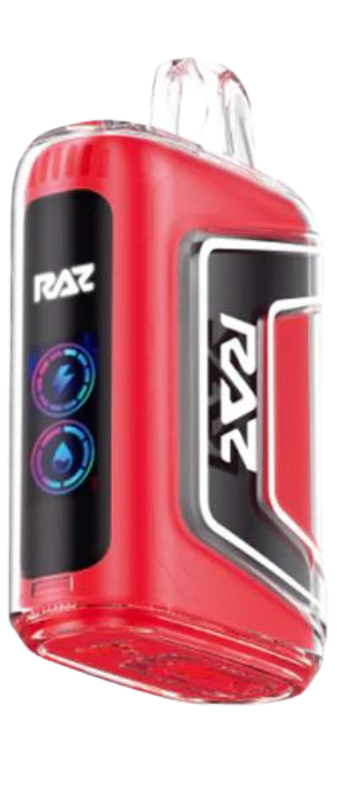 A red and black disposable vape device with the brand name "RAZ" displayed on the front, along with two circular icon graphics. Available at Athens GA vape store for those seeking genuine vape devices.