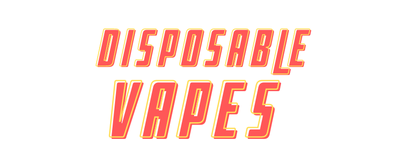 Bold, red text outlined in yellow reads "DISPOSABLE VAPES" in a stylized font against a transparent background. Perfect for highlighting low-cost vape options available at your local vape store or Vape World GA.