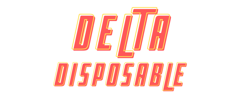 Delta Disposable text logo in bold red and yellow outlined letters on a transparent background, perfect for your local vape store or to showcase at Vape World GA.