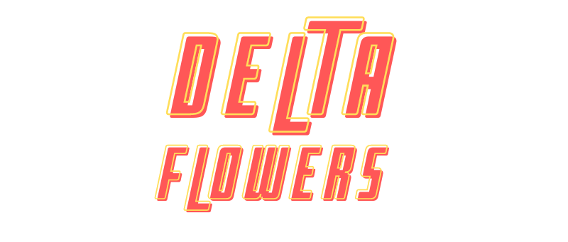 Logo featuring the words "Delta Flowers" in bold, stylized, red and orange text with a black background, inspired by our local vape store in Athens GA.