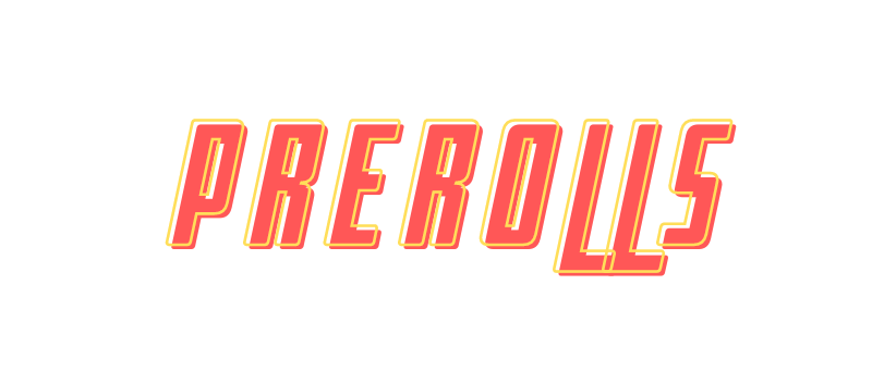 The image shows the word "PREROLLS" in bold, uppercase, red letters with a yellow outline and a shadow effect. Perfect for any local vape store, including those in Athens GA.