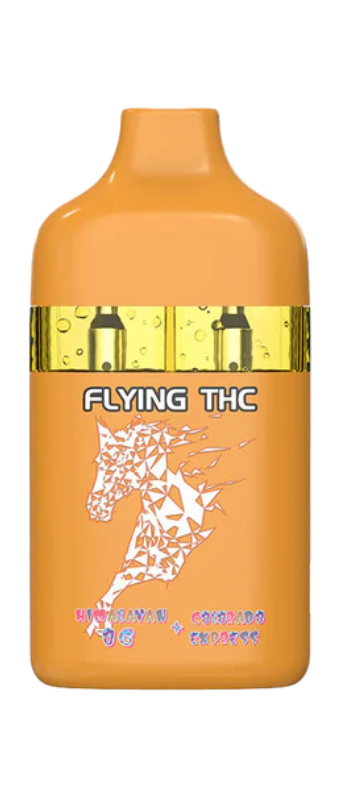 Orange bottle with the label "Flying THC" and an abstract horse design. The bottom of the label reads "Hawaiian Colorado" and "1G ExPLOT". Visible cartridges indicate it's a genuine THC vape product, available at our Athens GA vape store.