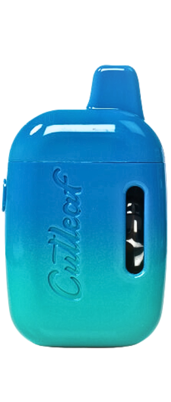 A blue and green gradient electronic device with a clear window on one side and the word "Outleaf" embossed on the front. This genuine vape device is available at your local vape store.