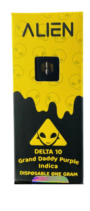 Image of a black and yellow "Alien" branded cannabis product package for Delta 10 Grand Daddy Purple Indica, labeled as "Disposable One Gram." The design features alien head graphics. Available at Vape World GA, your Local vape store for affordable vape products.