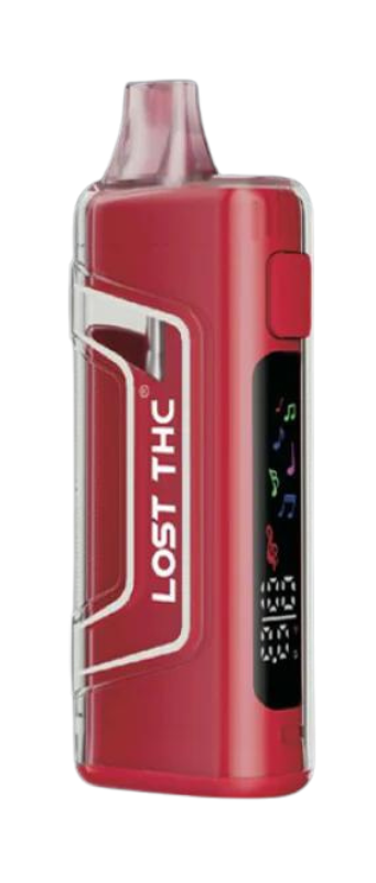 Affordable red electronic vaping device with "LOST THC" branding on the side and a digital display screen showing colorful icons. Check out our Athens GA vape store for more low-cost vape options.