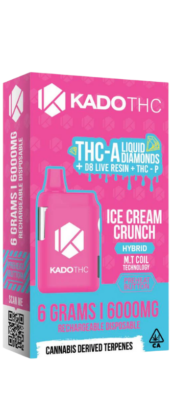 Box of KADO THC rechargeable disposable vape, 6000mg with Ice Cream Crunch flavor. Contains THC-A liquid diamonds, D8 live resin, and cannabis-derived terpenes. Available at your local vape store in Athens GA for genuine vape devices.