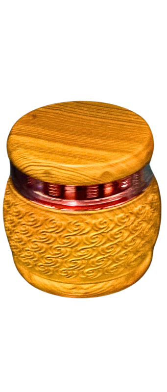 A small, cylindrical wooden container with a woven pattern on the body and a smooth, flat lid, perfect for storing items from your favorite affordable vape products.