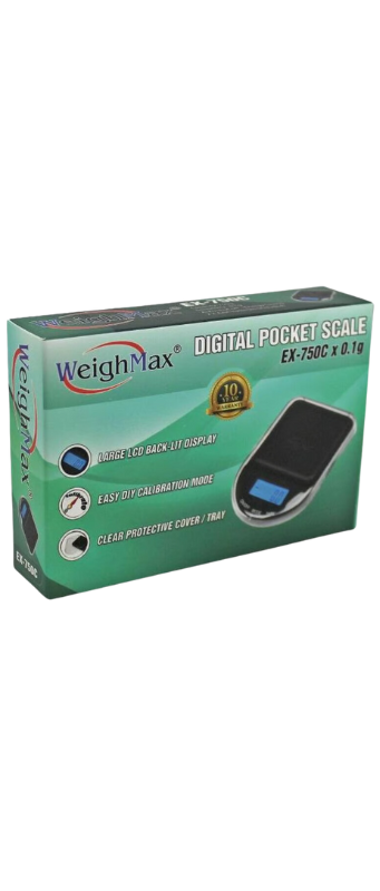 Box of a WeighMax digital pocket scale, model EX-750C x 0.1g, featuring a large LCD back-lit display and a clear protective cover/tray. Available at your local vape store in Athens GA, known for affordable vape products.