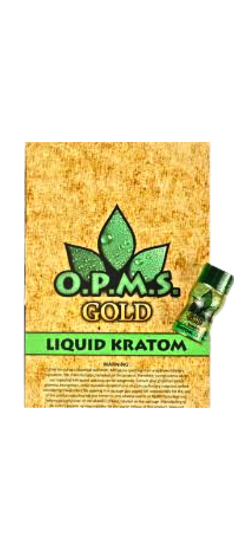 Packaging of O.P.M.S. Gold Liquid Kratom with a small bottle shown, featuring green leaf logo and text.