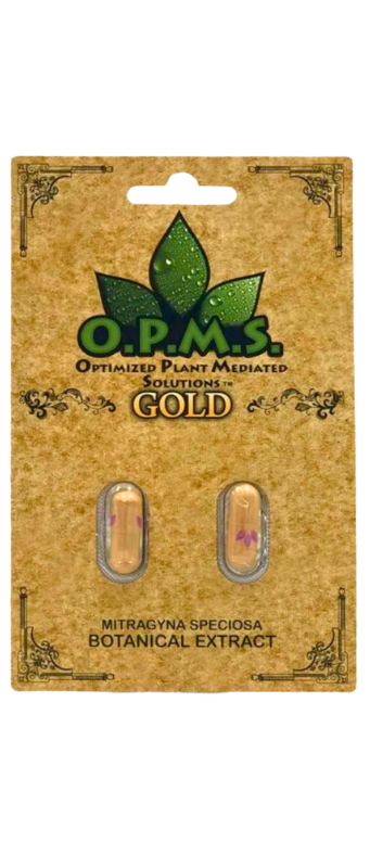 Packaging of two capsules labeled "O.P.M.S. Gold," featuring Mitragyna Speciosa botanical extract.