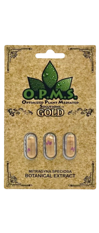 Packaging of O.P.M.S. Gold botanical extract capsules featuring a leaf design and text indicating Mitragyna Speciosa content.