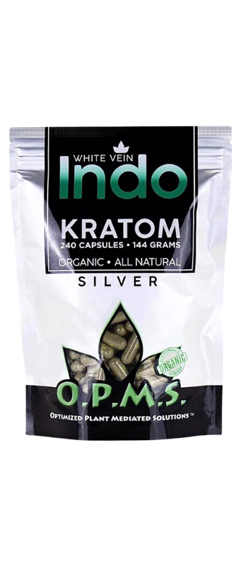 A package of Indo Kratom capsules labeled "White Vein," containing 240 capsules and weighing 144 grams. It is marked as organic and all natural.