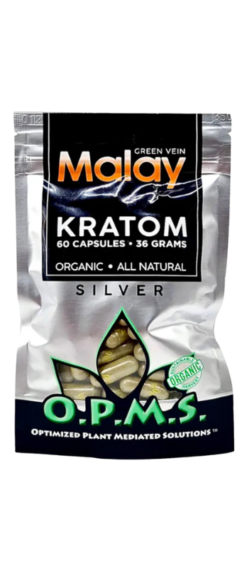 A package labeled "Malay Green Vein Kratom Silver" with 60 capsules, totaling 36 grams. It mentions "Organic," "All Natural," and "O.P.M.S. Optimized Plant Mediated Solutions.