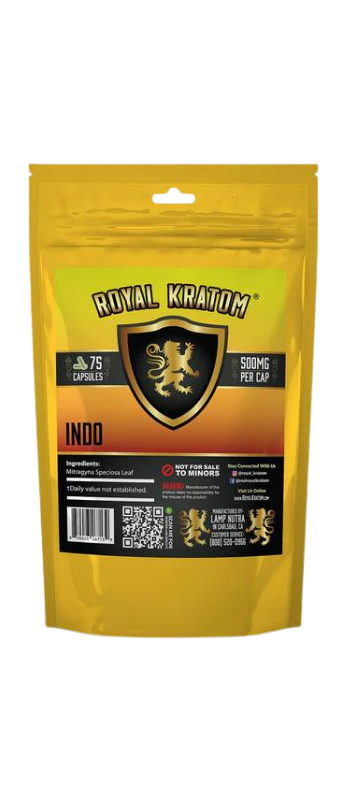 Yellow packet labeled "Royal Kratom Indo", containing 75 capsules, 500mg per capsule.