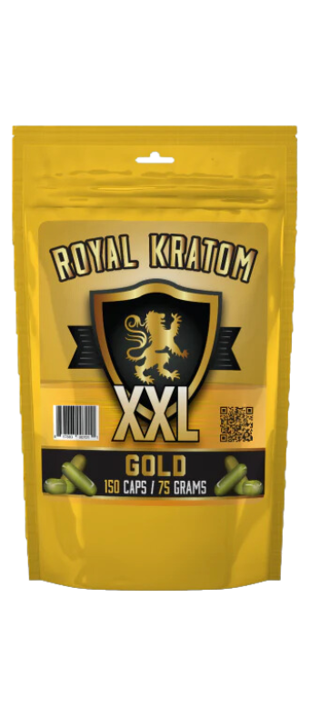 Yellow package of Royal Kratom XXL Gold, containing 150 capsules (75 grams), with a lion emblem and a QR code.