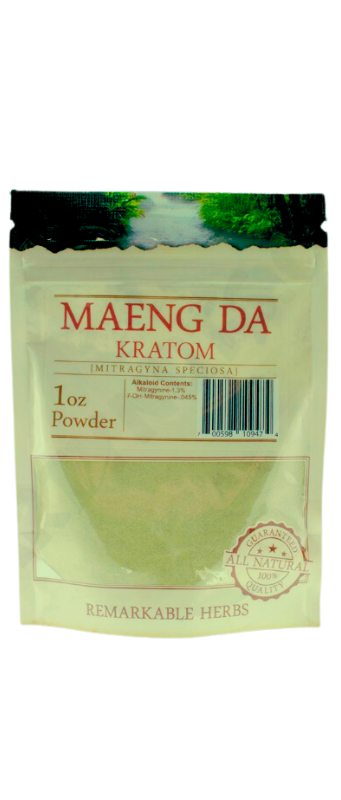 A package of Maeng Da Kratom powder labeled as 1 oz, from Remarkable Herbs.