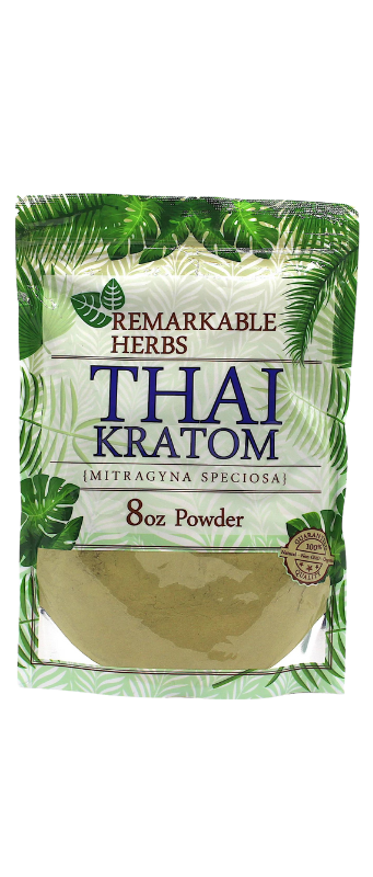 Package labeled "Remarkable Herbs Thai Kratom" containing 8 oz of powder, with a background of green leaves and a circular stamp noting its sale.