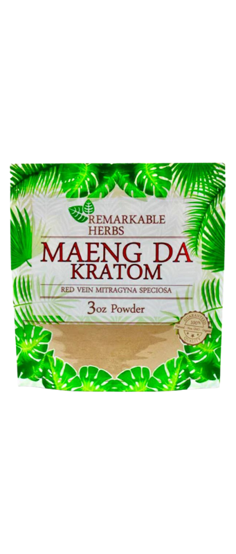 A package of Remarkable Herbs Maeng Da Kratom, labeled as Red Vein Mitragyna Speciosa, containing 3 oz of powder. Green leaf patterns surround the text.