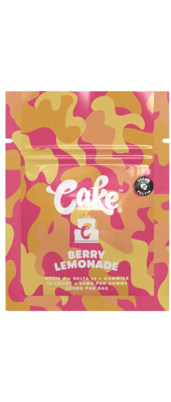 Colorful packaging of Cake brand Delta 8 gummies, Berry Lemonade flavor. The bag features abstract patterns in yellow and pink tones.