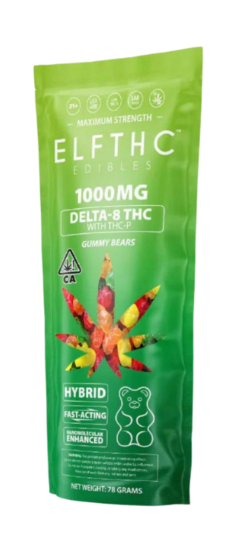 Green packaging of ELFTHC Edibles, 1000mg Delta-8 THC gummy bears, featuring a leaf design and hybrid label. Net weight: 78 grams.