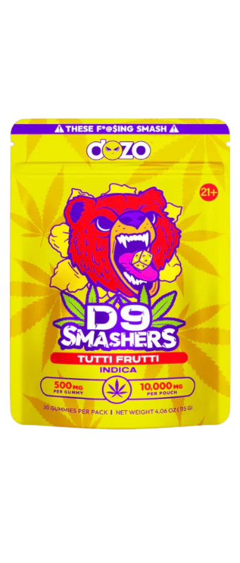 Yellow package of "D9 Smashers" gummies, labeled as tutti frutti flavor and indica type. Contains 500 mg per gummy and 10,000 mg per pack. Features a roaring bear illustration.