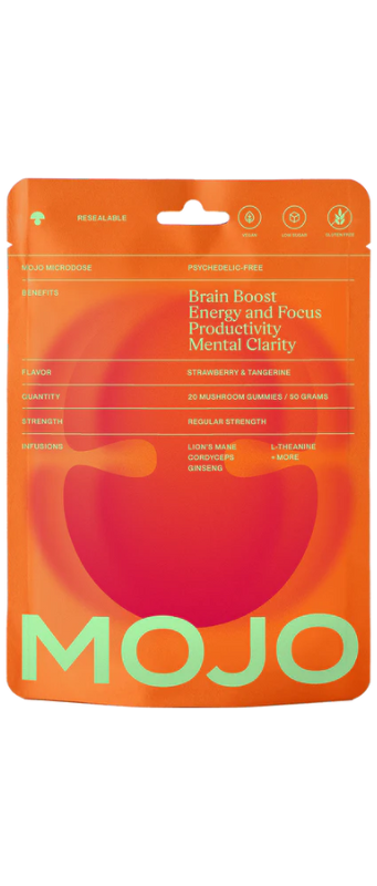 Orange packet labeled "MOJO" with benefits listed: brain boost, energy and focus, productivity, mental clarity. Flavor: strawberry & tangerine. Contains 20 mushroom gummies, 50 grams.