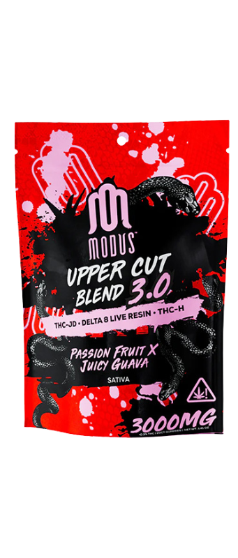 A colorful Modus cannabis product package, labeled "Upper Cut Blend 3.0," features THC-JD, Delta 8, THC-H, and passion fruit x juicy guava flavors. Sativa, 3000mg.