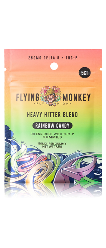 A colorful pouch labeled "Flying Monkey," featuring "Heavy Hitter Blend Rainbow Candy" gummies. Each contains 50mg with 5 pieces per pack. Design includes vibrant rainbow graphics.