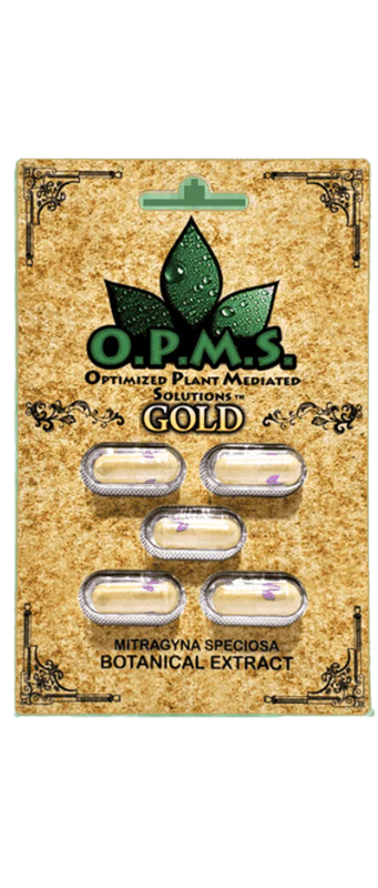 Package of OPMS Gold capsules containing botanical extract, Mitragyna Speciosa.