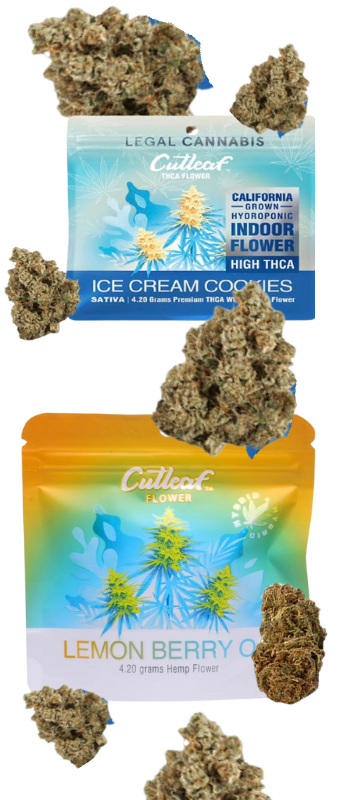 Two cannabis product packages labeled "Ice Cream Cookies" and "Lemon Berry" with several clusters of cannabis buds placed around them.