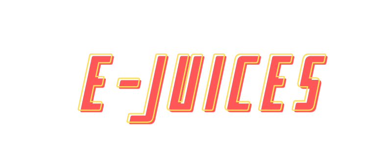 Graphic text displaying 'E-JUICES' in bold, red letters with a yellow outline, showcasing the best selections from Vape World GA.